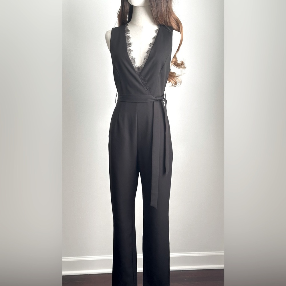 DO+BE Black Sleeveless Jumpsuit with Eyelash Lace Detail, Size Small